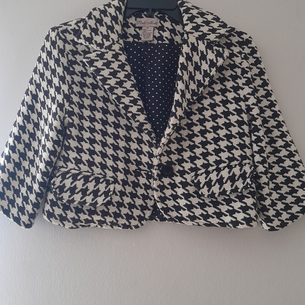 Pink Mode Houndstooth Pattern Crop Jacket Size M Color: Black/White
